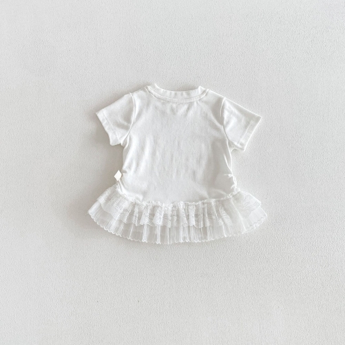 New Arrival Summer Infant Baby Girls Lace Trim Tulle Patchwork Short Sleeves Top Wholesale