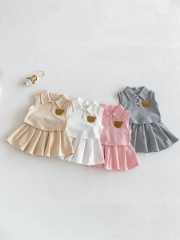 2026 Summer Infant Baby Kids Girls Sleeveless Turn-down Collar Top Vest with Plain Skirt Sets Wholesale