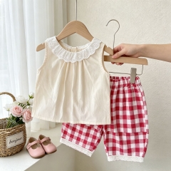 2026 Summer Infant Baby Kids Girls Sleeveless Lace Trim Collar Top Vest with Plaid Shorts Sets Wholesale
