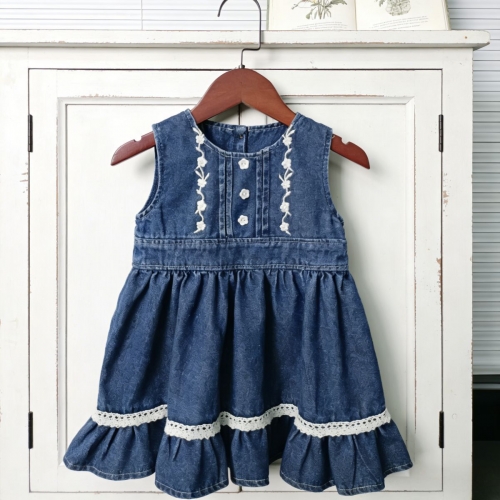 Summer Infant Baby Girls Vintage Flowers Embroidered Sleeveless One Piece Denim Dress Wholesale