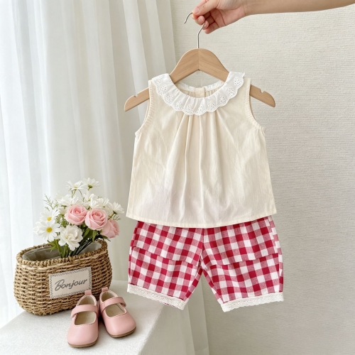 2026 Summer Infant Baby Kids Girls Sleeveless Lace Trim Collar Top Vest with Plaid Shorts Sets Wholesale