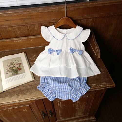 2026 Summer Infant Baby Kids Girls Fly Sleeves Plaid Pattern Top Vest with Shorts Sets Wholesale