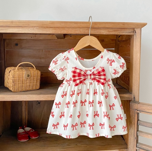 Summer Infant Baby Girls Butterfly-bows Pattern Short Sleeves One Piece Stylish Dress with Hat Wholesale