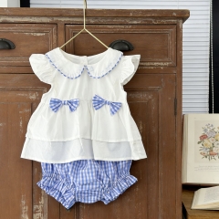 2026 Summer Infant Baby Kids Girls Fly Sleeves Plaid Pattern Top Vest with Shorts Sets Wholesale