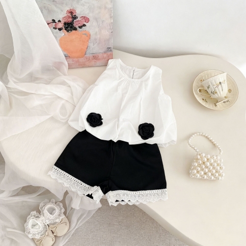 2026 Summer Infant Baby Kids Girls Sleeveless Flowers Pattern Top Vest with Lace Trim Shorts Sets Wholesale