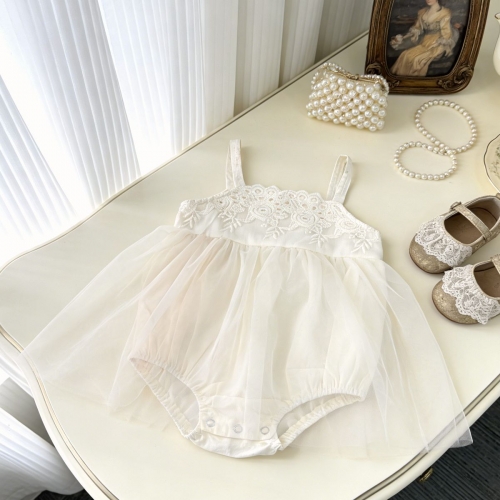 Summer Infant Baby Girls Solid Color Sleeveless One Piece Stylish Tulle Decorated Onesies Wholesale