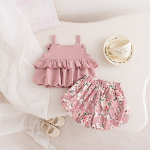 2026 Summer Infant Baby Kids Girls Sleeveless Pink Top Vest with Floral Shorts Sets Wholesale
