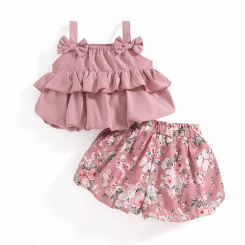 2026 Summer Infant Baby Kids Girls Sleeveless Pink Top Vest with Floral Shorts Sets Wholesale