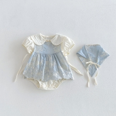 2026 Summer Infant Baby Kids Girls Sleeveless Cute Flowers Pattern Top Vest, Plain Onesies with Lace Trim Hat Sets Wholesale