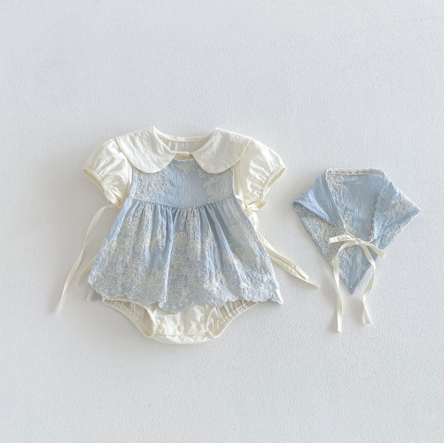 2026 Summer Infant Baby Kids Girls Sleeveless Cute Flowers Pattern Top Vest, Plain Onesies with Lace Trim Hat Sets Wholesale