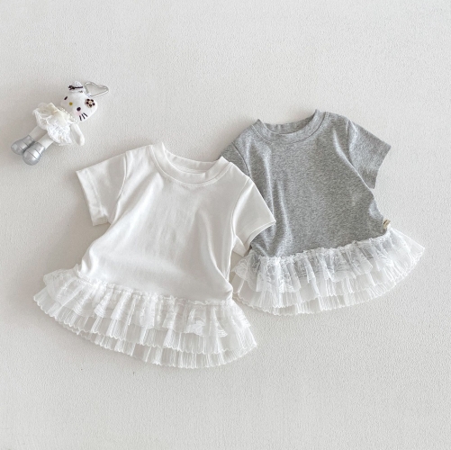 New Arrival Summer Infant Baby Girls Lace Trim Flowers Embroidered Short Sleeves T-shirt Wholesale