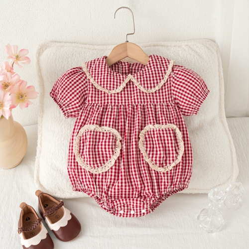 Summer Infant Baby Girls Cute Plaid Pattern Short Sleeves One Piece Onesies Wholesale