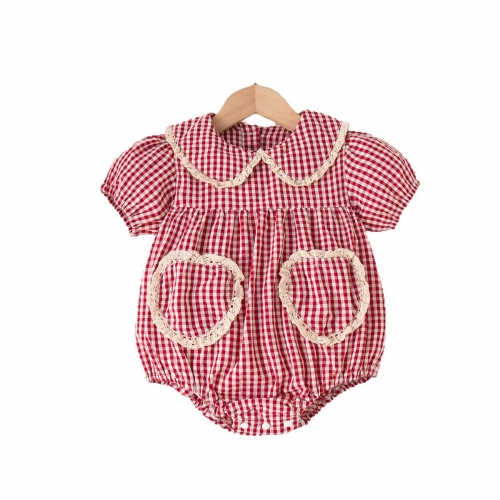 Summer Infant Baby Girls Cute Plaid Pattern Short Sleeves One Piece Onesies Wholesale