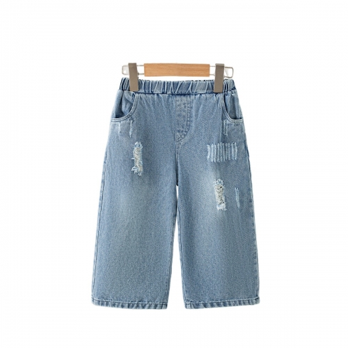 Infant Baby Kids Boys and Girls One Piece Solid Color Ripped Denim Pants in Summer Wholesale