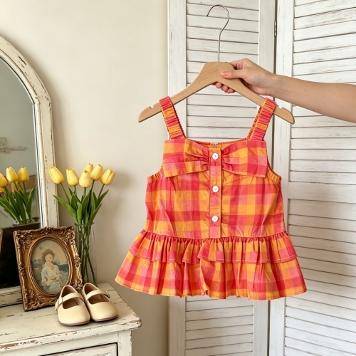 2026 Summer Infant Baby Kids Girls Sleeveless Plaid Pattern Top Vest with Plain Shorts Sets Wholesale