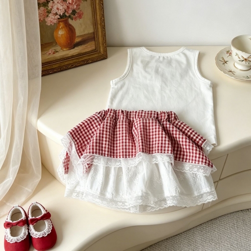 2026 Summer Infant Baby Kids Girls Sleeveless Cartoon Pattern Top Vest with Plaid Skirt Sets Wholesale