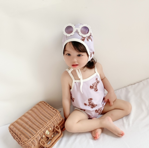 Infant Baby Girls Teddy Bear or Hearts Pattern Strap Swimsuit In Summer Wholesale