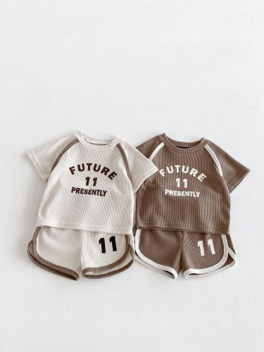 2026 Summer Infant Baby Kids Boys and Girls Short Sleeves Waffle Grid T-shirt with Shorts Sets Wholesale