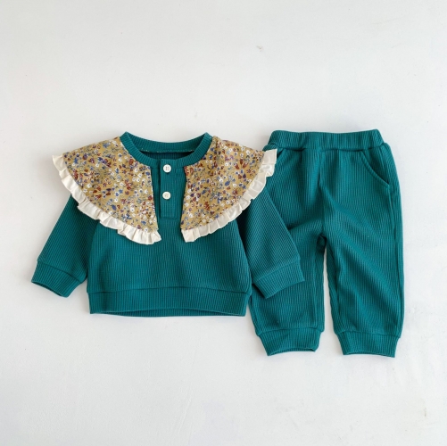 2026 Spring and Autumn Infant Baby Kids Girls Long Sleeves Floral Pattern Color Patchwork Pullover with Pants Sets Wholesale
