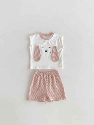 Summer Infant Baby Pink Striped Pattern Sleeveless Cartoon Vest and Shorts Set Wholesale
