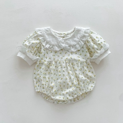 Summer Infant Baby Girls Yellow Flowers Pattern Short Sleeves One Piece Onesies Wholesale
