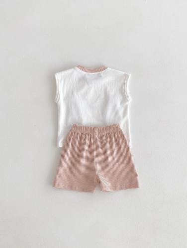 Summer Infant Baby Pink Striped Pattern Sleeveless Cartoon Vest and Shorts Set Wholesale