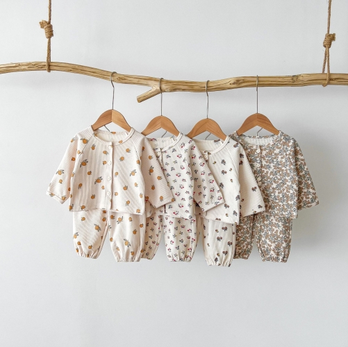 2026 Spring and Autumn Infant Baby Kids Long Sleeves Floral or Fruits Pattern Top with Pants Sets Wholesale