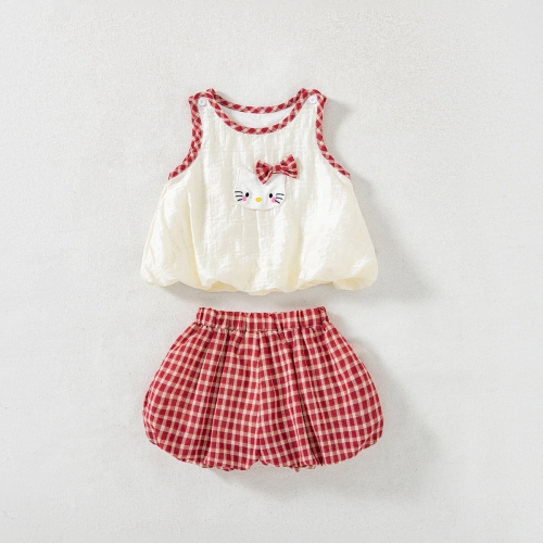 Summer Infant Baby Girls Cartoon Pattern Sleeveless Vest and Plaid Shorts Set Wholesale