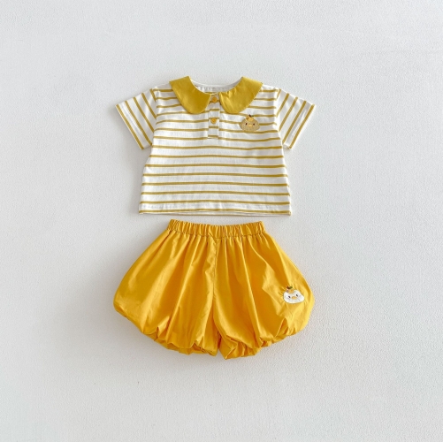 Summer Infant Baby Girls Cartoon Pattern Short Sleeves Top and Shorts Set Wholesale