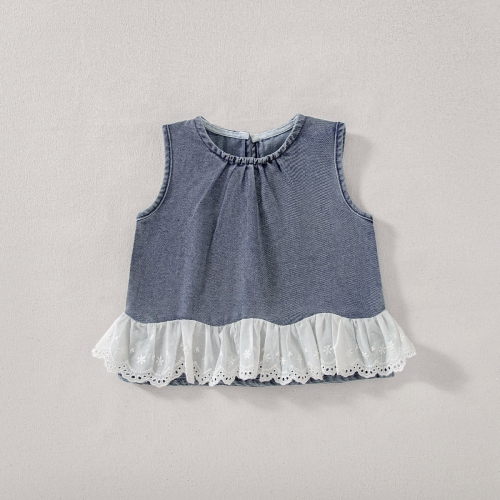 Summer Infant Baby Girls Lace Trim Denim Sleeveless Vest and Shorts Set Wholesale