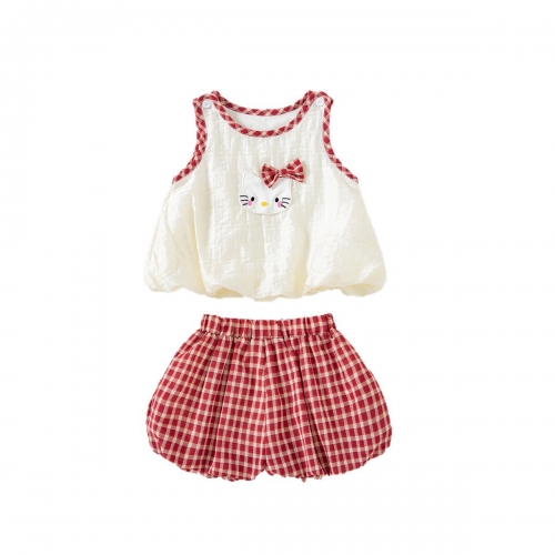Summer Infant Baby Girls Cartoon Pattern Sleeveless Vest and Plaid Shorts Set Wholesale