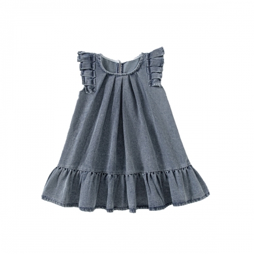 Summer Infant Baby Girls Cute Denim Fly Sleeves Crew Neck Dress Wholesale