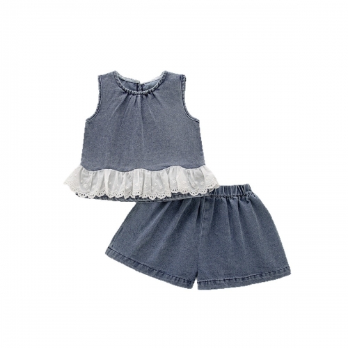 Summer Infant Baby Girls Lace Trim Denim Sleeveless Vest and Shorts Set Wholesale