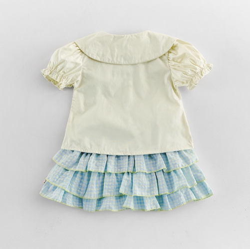 Summer Infant Baby Girls Turn-down Collar Top and Plaid Skirt Set Wholesale