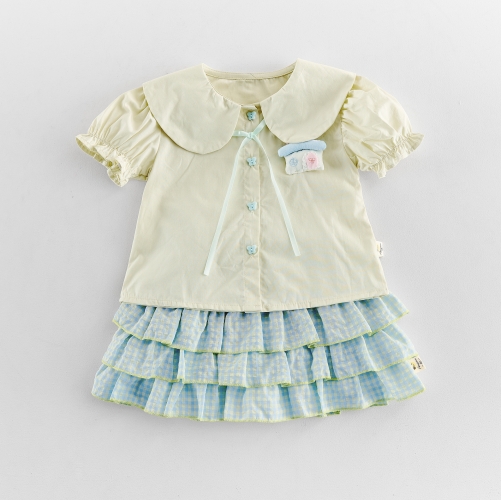 Summer Infant Baby Girls Turn-down Collar Top and Plaid Skirt Set Wholesale