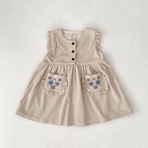 2026 Spring and Autumn Infant Baby Kids Girls Long Sleeves Solid Color Top with Embroidered Dress Sets Wholesale