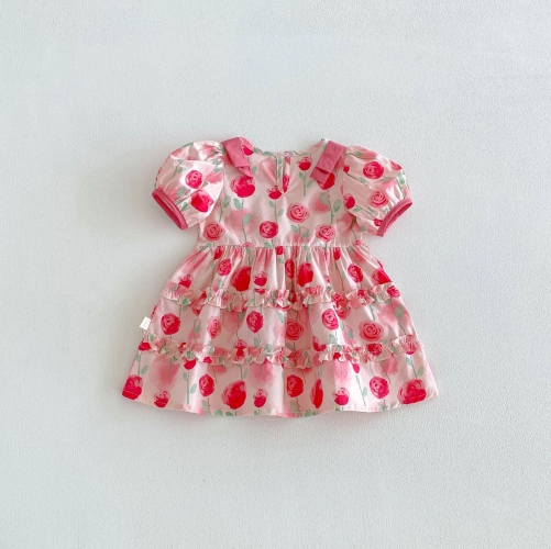Summer Infant Baby Girls Cute Flowers Pattern Short Sleeves Dress Wholesale