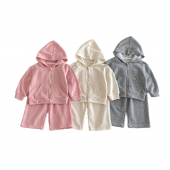Autumn Infant Baby Kids Long Sleeves Solid Color Hooded Zip-up Coat and Pants Sporty Sets Wholesale
