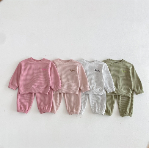 Autumn Infant Baby Kids Long Sleeves Embroidered Pullover and Pants Waffle Grid Clothing Sets Wholesale