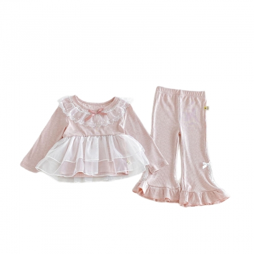 Autumn Infant Baby Kids Girls Long Sleeves Lace Trim Top and Flared Pants Cute Clothing Sets Wholesale