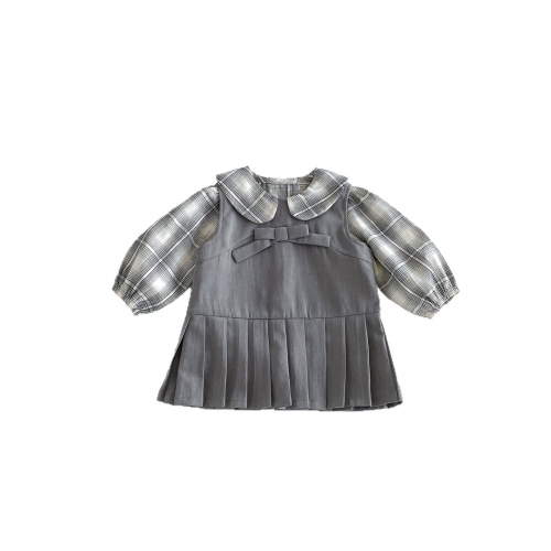 Autumn Infant Baby Kids Girls Long Sleeves Plaid Top and Grey Dress Preppy Clothing Sets Wholesale
