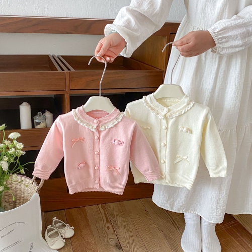 New Arrival Spring and Autumn Infant Baby Kids Girls Lace Trim Butterfly-bows Pattern Long Sleeves Knitted Cardigan Wholesale