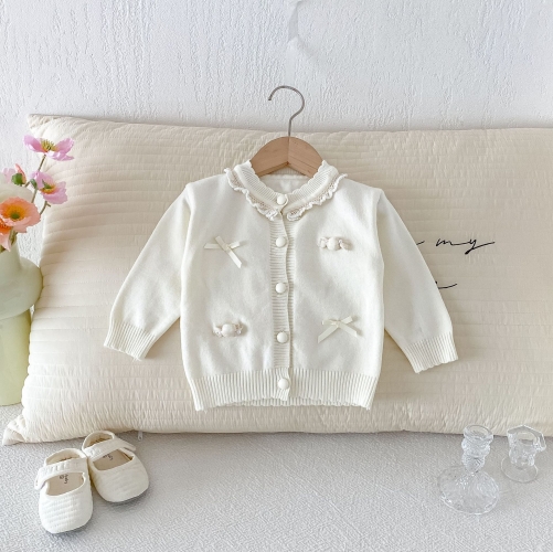 New Arrival Spring and Autumn Infant Baby Kids Girls Lace Trim Butterfly-bows Pattern Long Sleeves Knitted Cardigan Wholesale