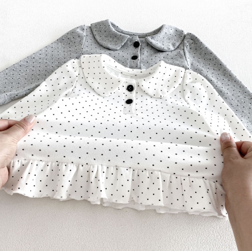 New Arrival Spring and Autumn Infant Baby Kids Girls Dots Pattern Turn-down Collar Long Sleeves Top Wholesale