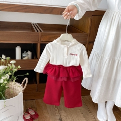 Autumn Infant Baby Kids Girls Long Sleeves Lace Trim Hooded Top and Red Pants Cute Clothing Sets Wholesale