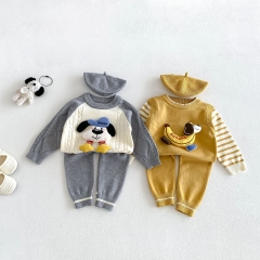 Autumn Infant Baby Kids Boys Long Sleeves Puppy Cartoon Pattern Sweater, Simple Pants with Hat Knitted Clothing Sets Wholesale
