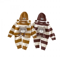 Autumn Infant Baby Kids Long Sleeves Cartoon Teddy Bear Pullover, Striped Pants with Hat Clothing Sets Wholesale