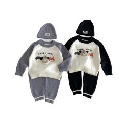 Autumn Infant Baby Kids Long Sleeves Cartoon Puppy Pullover, Striped Pants with Hat Clothing Sets Wholesale
