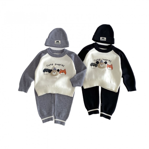 Autumn Infant Baby Kids Long Sleeves Cartoon Puppy Pullover, Striped Pants with Hat Clothing Sets Wholesale