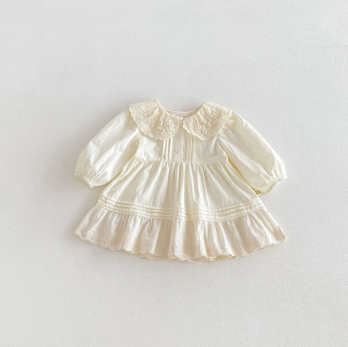 Spring and Autumn Infant Baby Girls Solid Color Long Sleeves Cute Flowers Hollow-out Collar Dress Wholesale